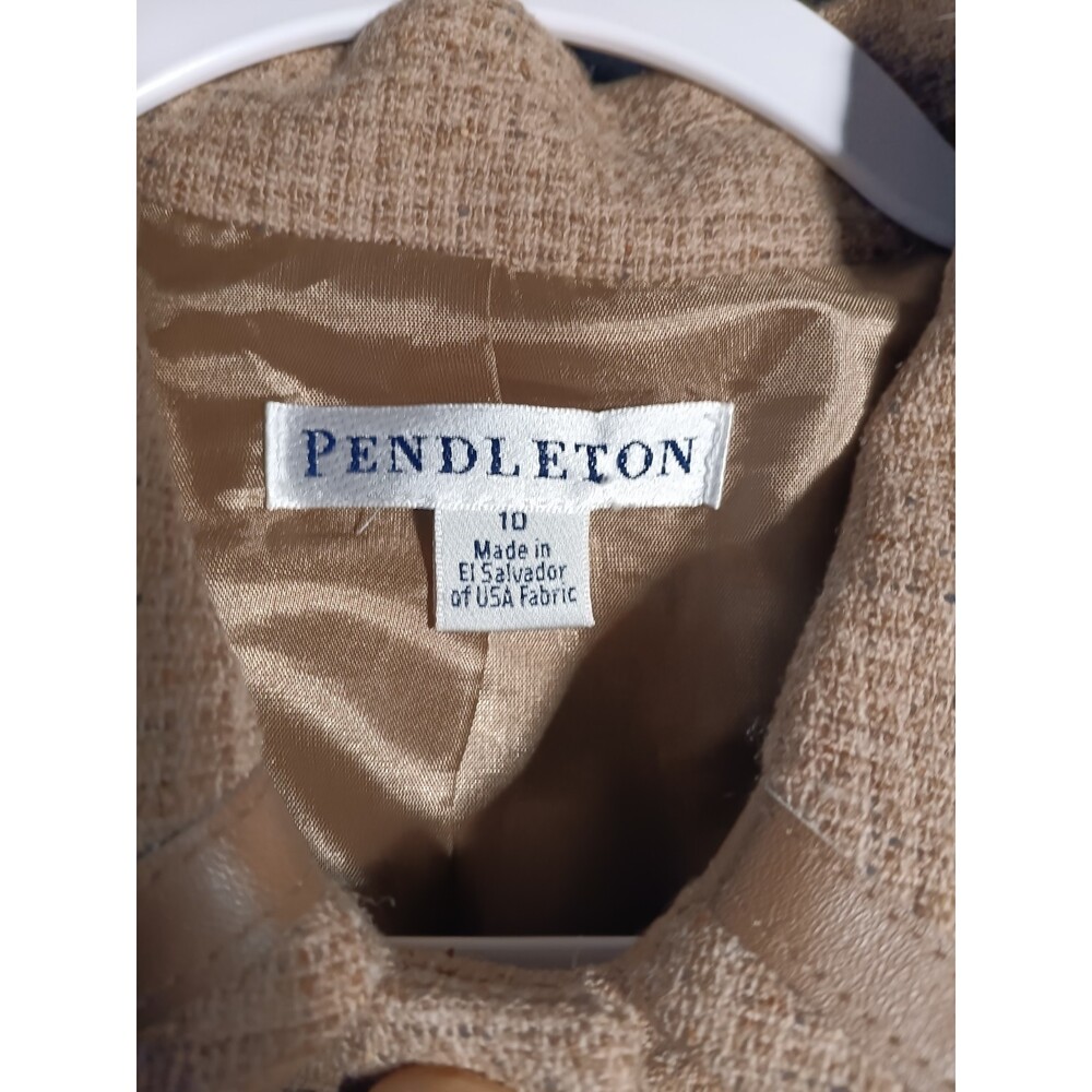 Pendleton Tan Wool Silk Suit Set Jacket 10 Pants 8 Leather Trim Classic Career - Picture 3 of 12